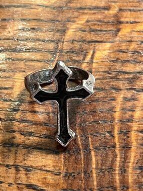 Men's Cross Ring with Black Inlay - Silver Tone adjustable